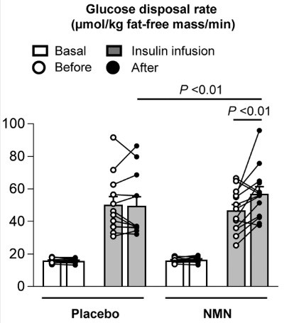NMN 組（n=13）和安慰劑組（n=12）對(duì)胰島素刺激的葡萄糖處置率的影響